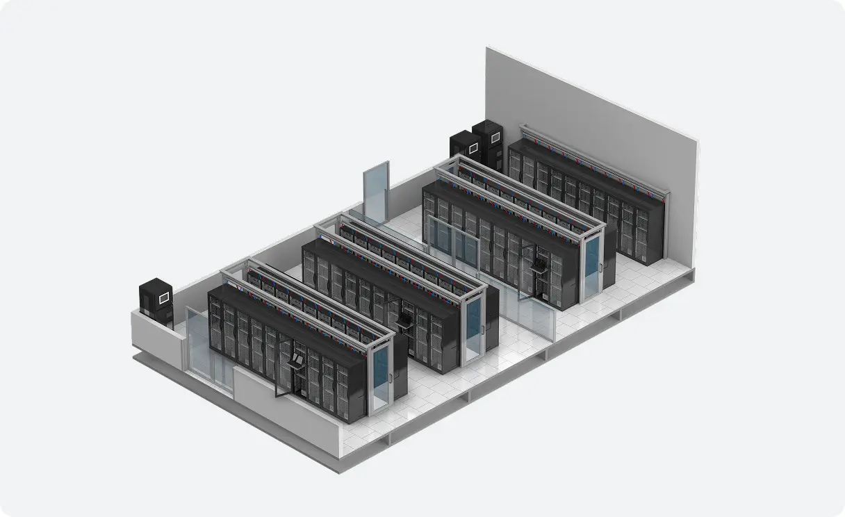 Schematic of room-level cooling system showing rows of data center servers.