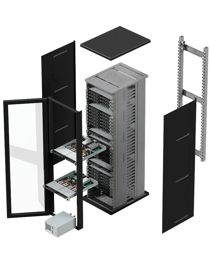 Exploded view of rack-level server components in data center.